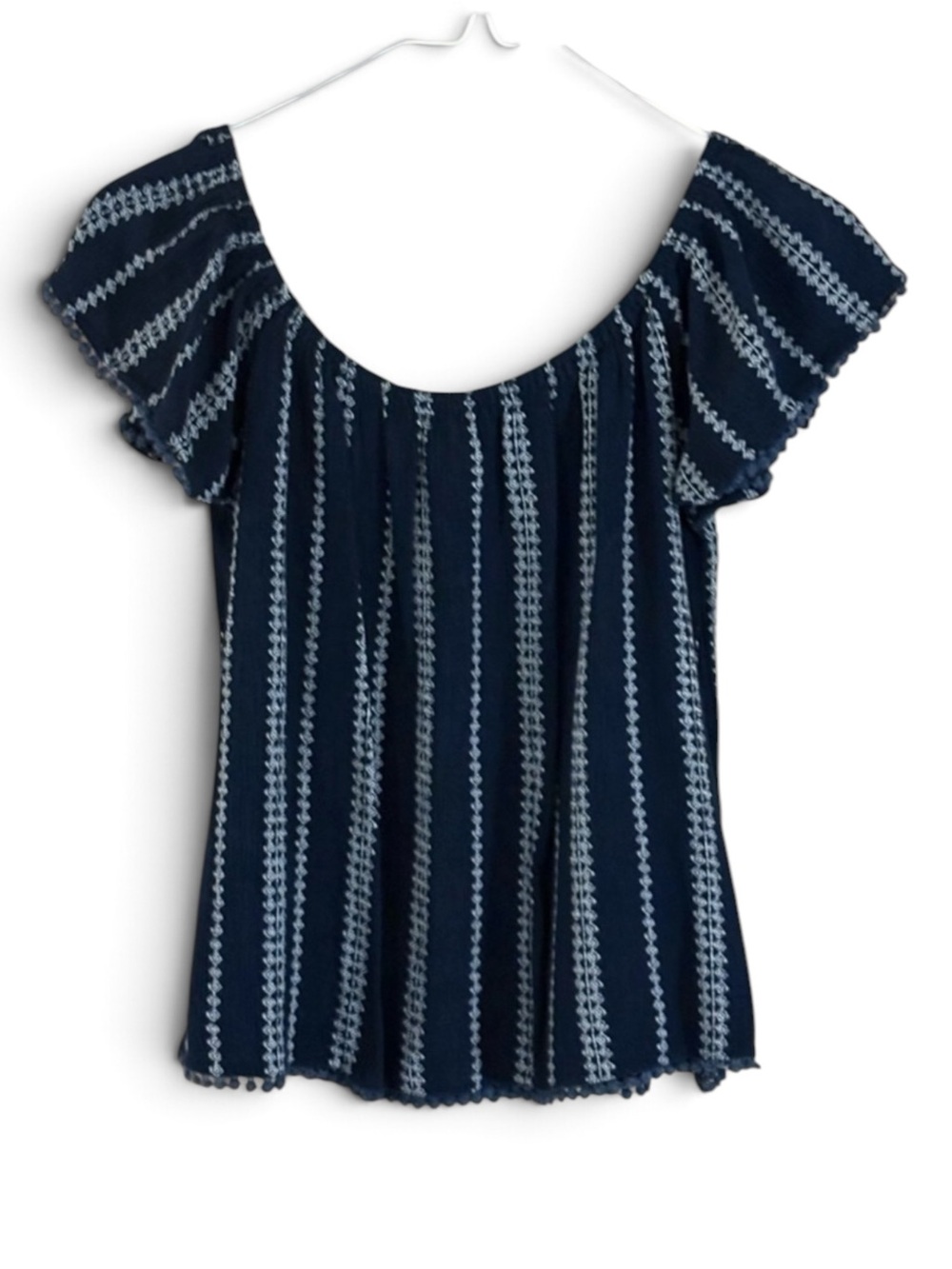 Navy and Gray Embroidered Stripes Cropped Cap Sleeve Blouse